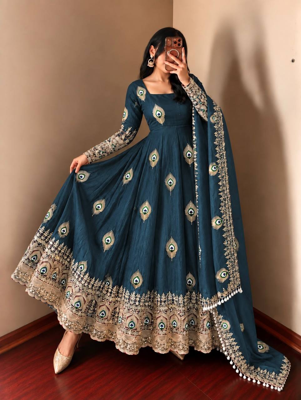 DESIGNER BLUE PEACOCK EMBROIDERED FLARED ANARKALI SUIT SET