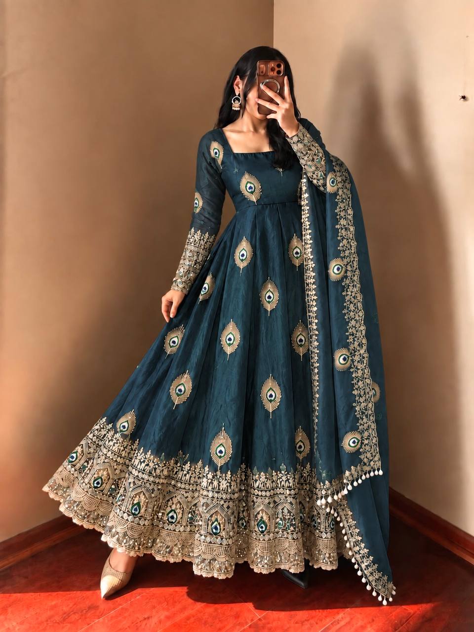 DESIGNER BLUE PEACOCK EMBROIDERED FLARED ANARKALI SUIT SET