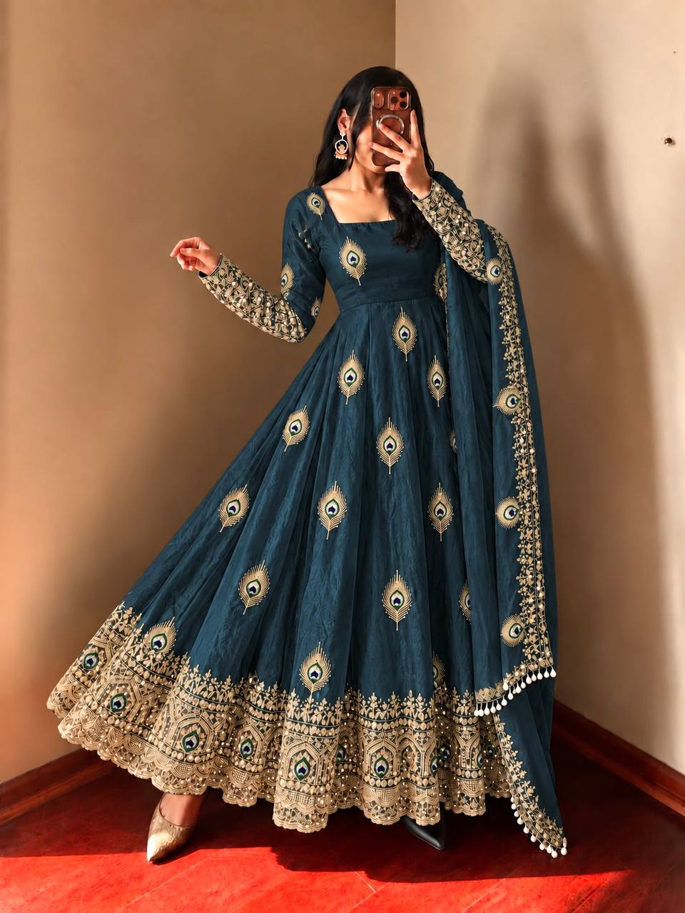 DESIGNER BLUE PEACOCK EMBROIDERED FLARED ANARKALI SUIT SET