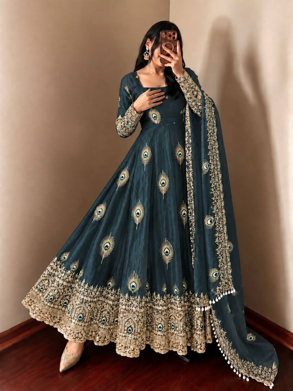 DESIGNER BLUE PEACOCK EMBROIDERED FLARED ANARKALI SUIT SET
