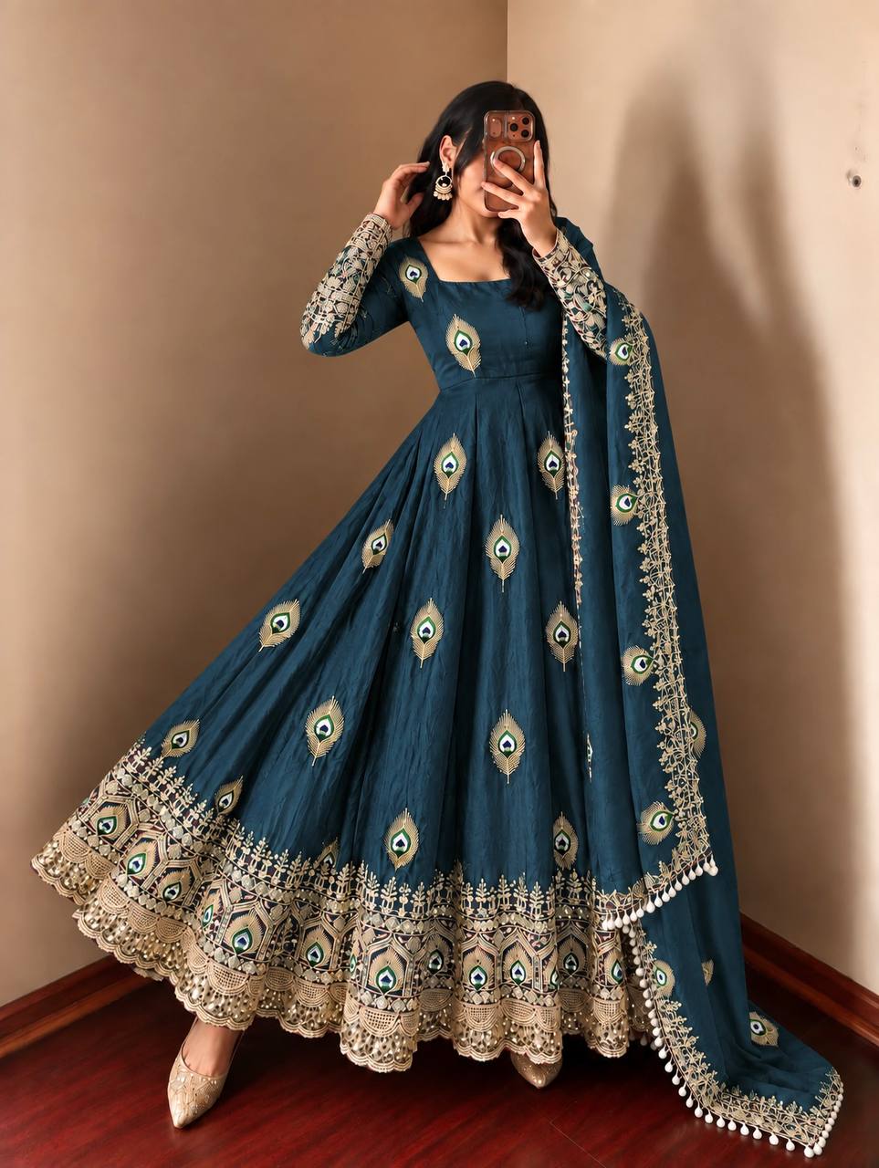 DESIGNER BLUE PEACOCK EMBROIDERED FLARED ANARKALI SUIT SET