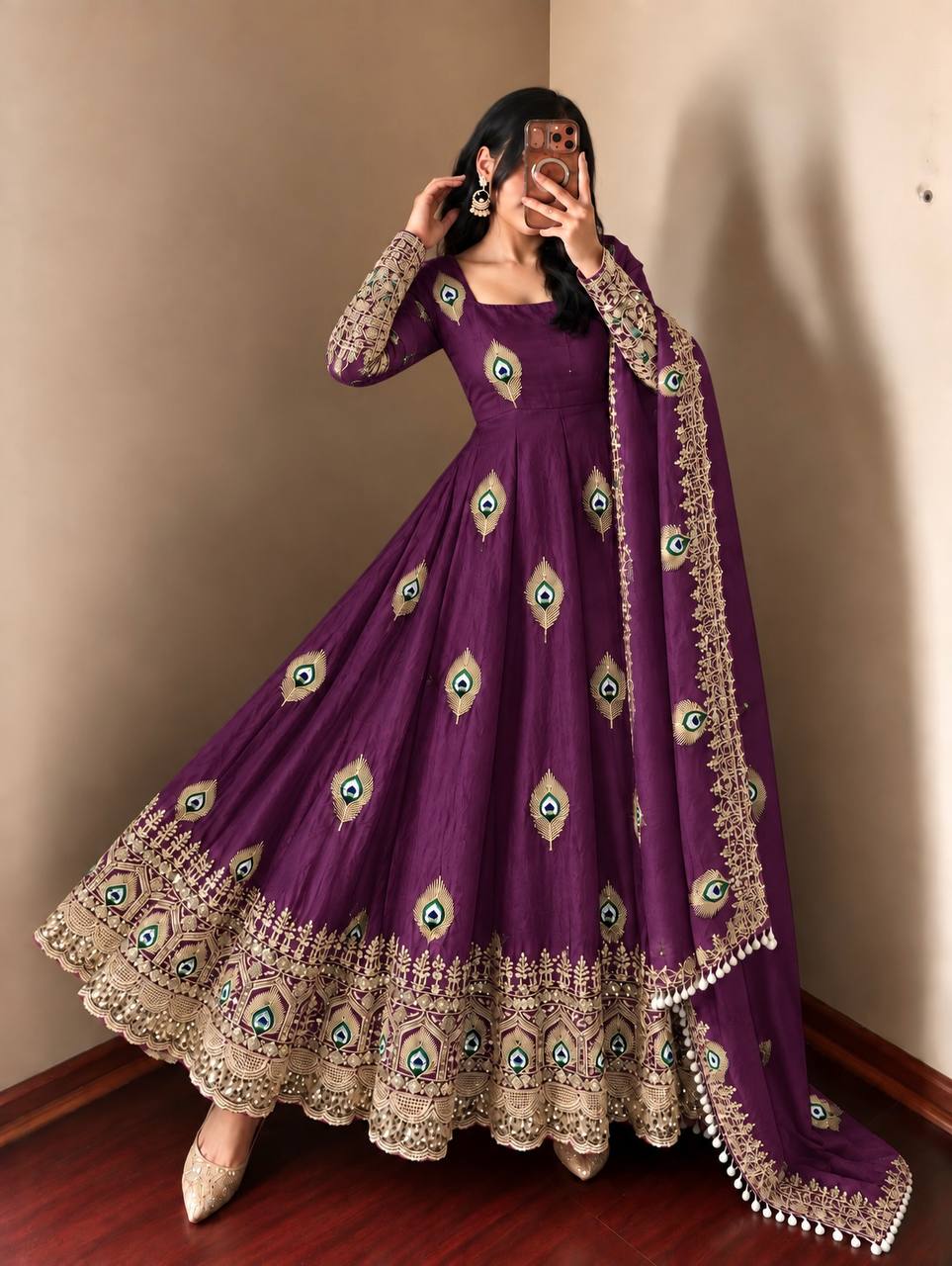 DESIGNER GRAPE PURPLE PEACOCK EMBROIDERED FLARED ANARKALI SUIT SET