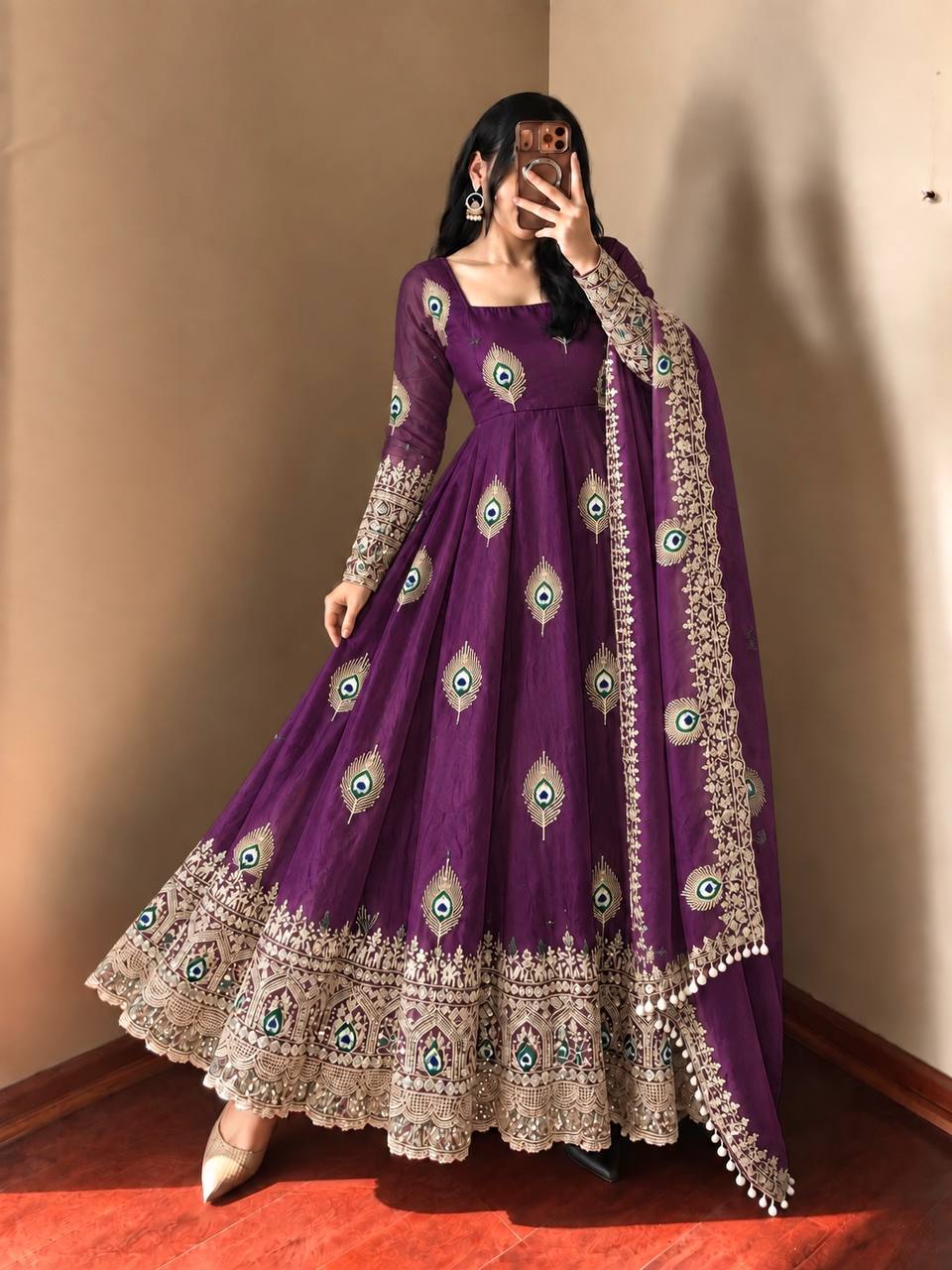 DESIGNER GRAPE PURPLE PEACOCK EMBROIDERED FLARED ANARKALI SUIT SET