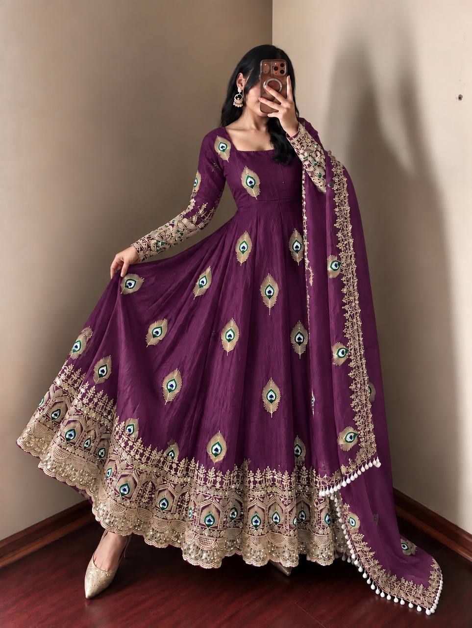 DESIGNER GRAPE PURPLE PEACOCK EMBROIDERED FLARED ANARKALI SUIT SET