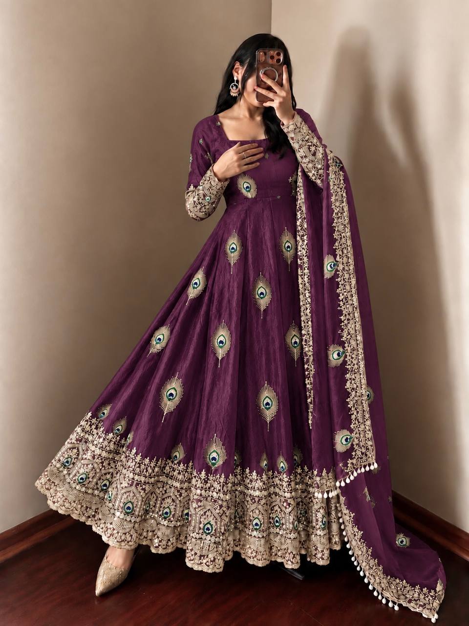 DESIGNER GRAPE PURPLE PEACOCK EMBROIDERED FLARED ANARKALI SUIT SET