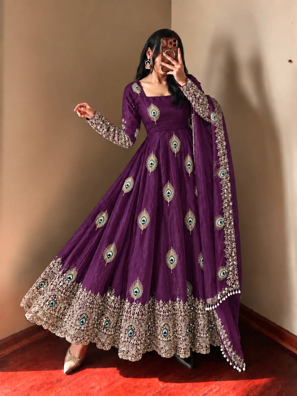 DESIGNER GRAPE PURPLE PEACOCK EMBROIDERED FLARED ANARKALI SUIT SET