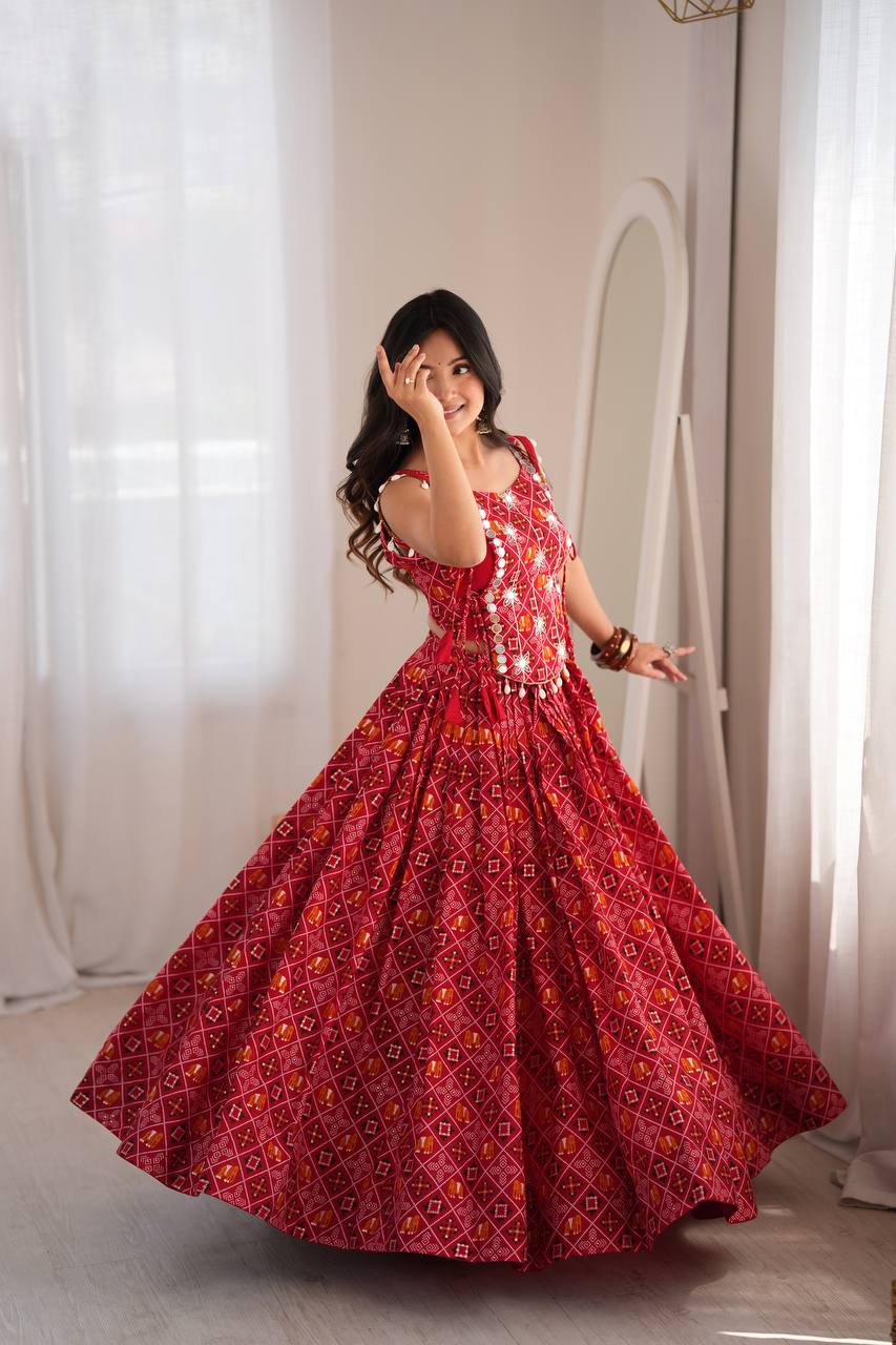 RED BANDHANI PRINTED EMBROIDERED MIRROR WORK LEHENGA CHOLI