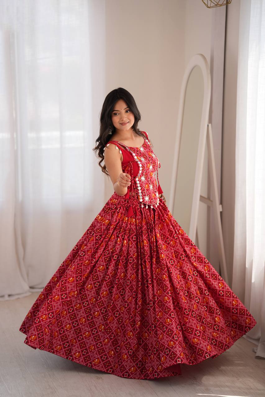 RED BANDHANI PRINTED EMBROIDERED MIRROR WORK LEHENGA CHOLI