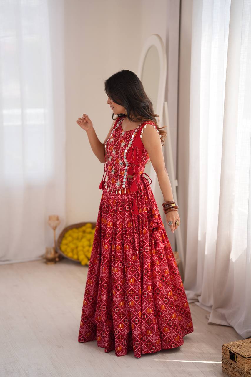 RED BANDHANI PRINTED EMBROIDERED MIRROR WORK LEHENGA CHOLI