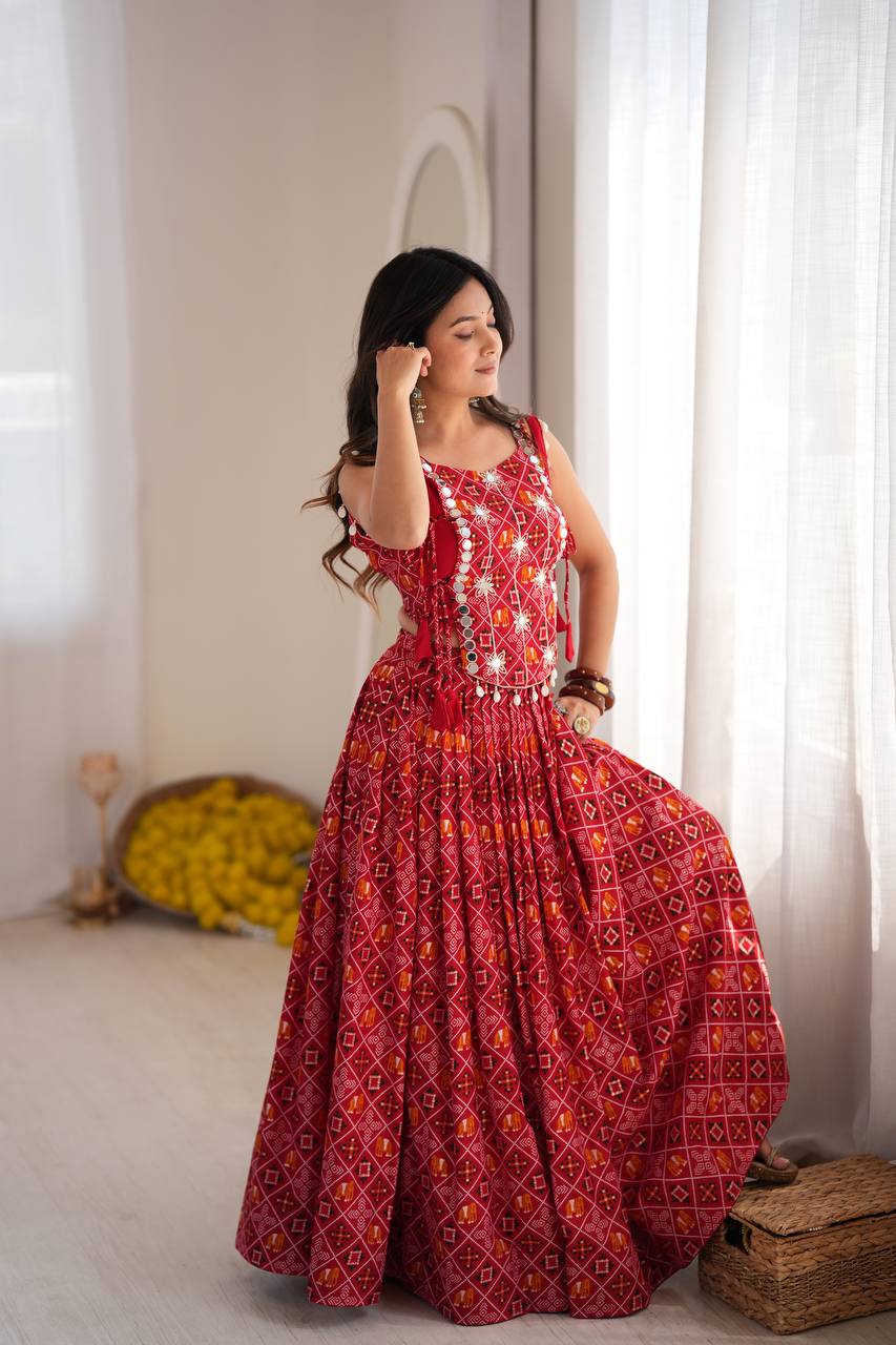 RED BANDHANI PRINTED EMBROIDERED MIRROR WORK LEHENGA CHOLI