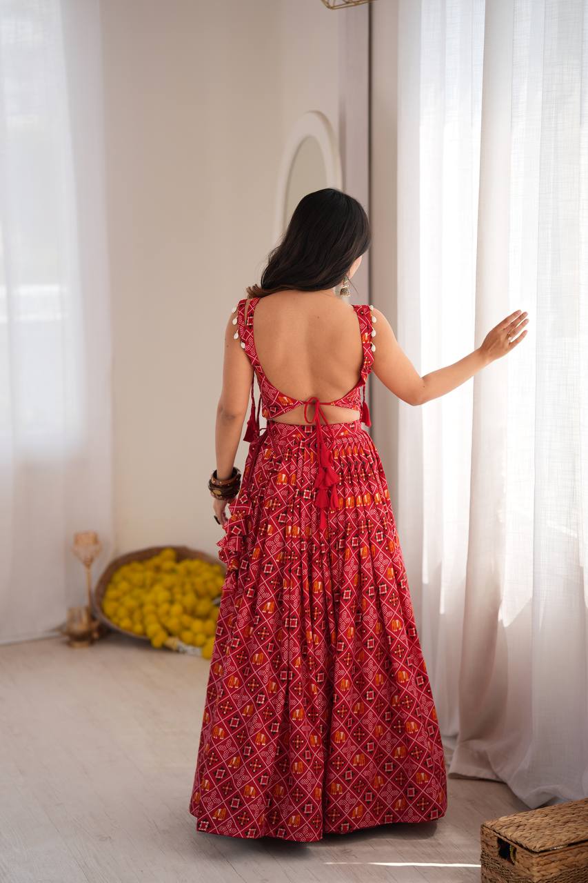 RED BANDHANI PRINTED EMBROIDERED MIRROR WORK LEHENGA CHOLI