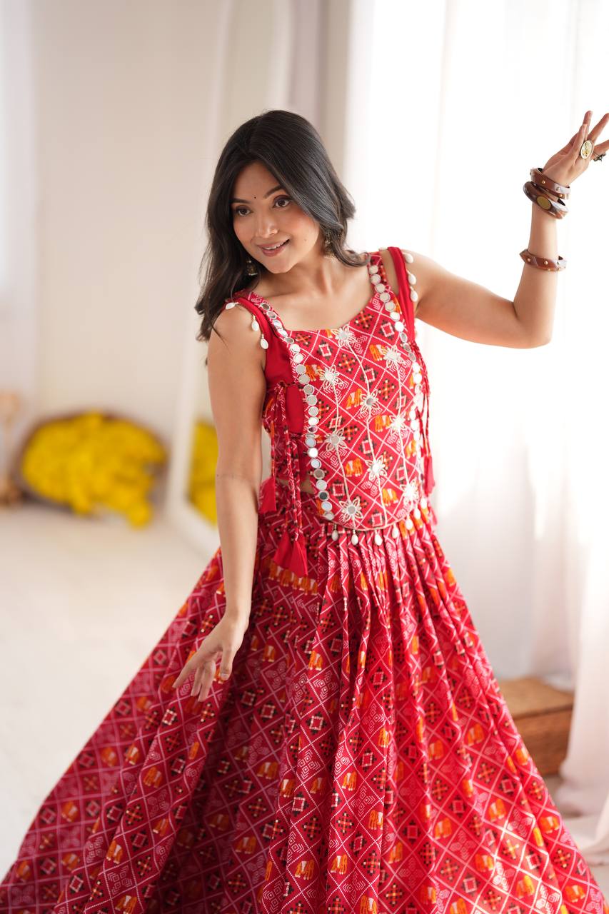 RED BANDHANI PRINTED EMBROIDERED MIRROR WORK LEHENGA CHOLI