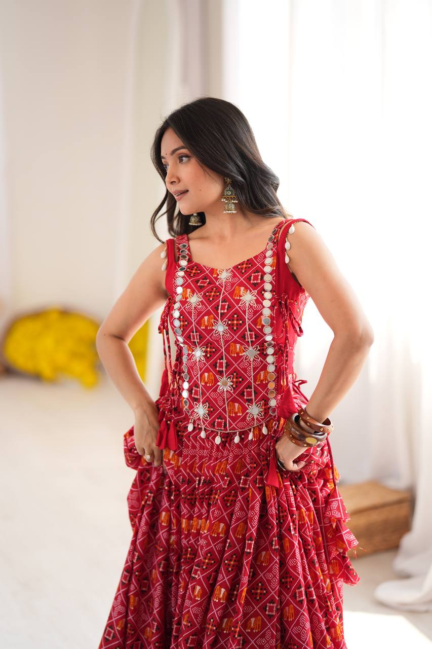 RED BANDHANI PRINTED EMBROIDERED MIRROR WORK LEHENGA CHOLI