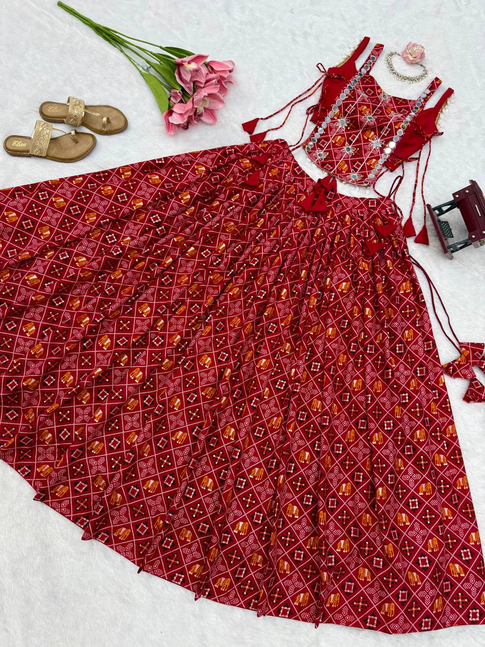 RED BANDHANI PRINTED EMBROIDERED MIRROR WORK LEHENGA CHOLI