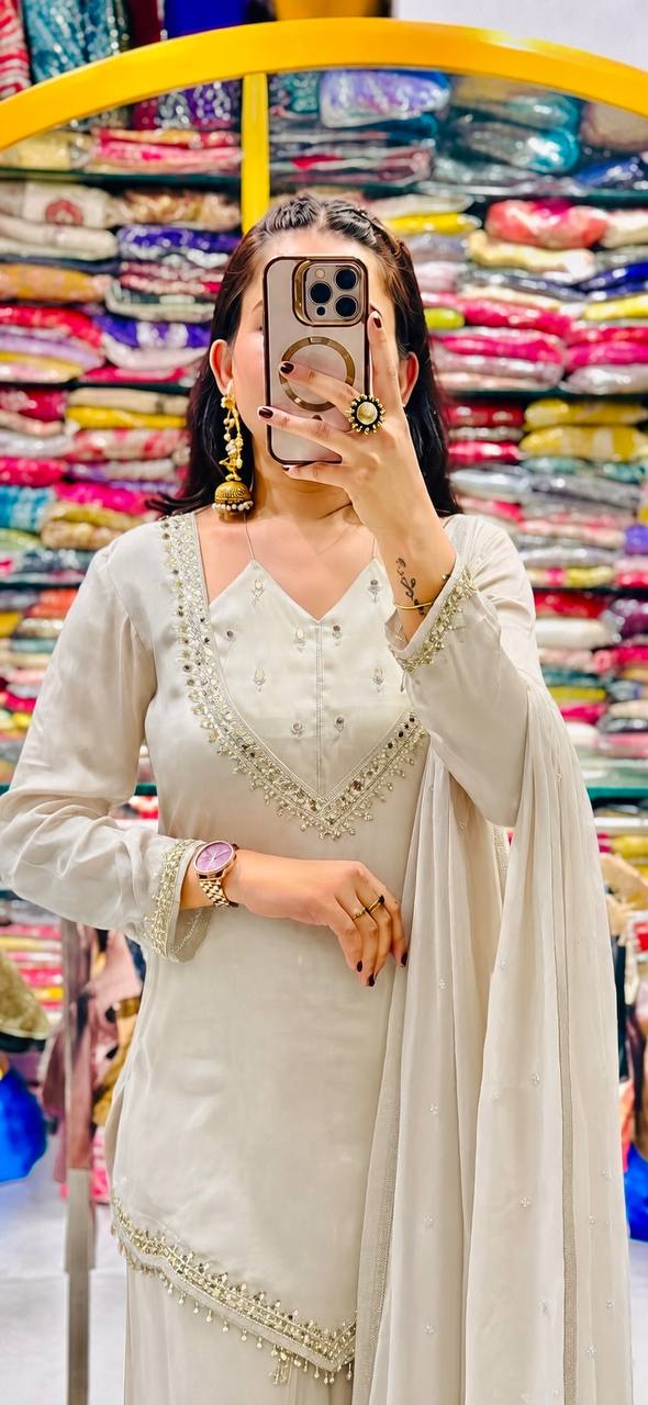 DESIGNER PASTEL GREY ROMAN GLASS SILK EMBROIDERED SHARARA SUIT SET