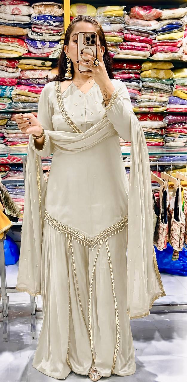DESIGNER PASTEL GREY ROMAN GLASS SILK EMBROIDERED SHARARA SUIT SET