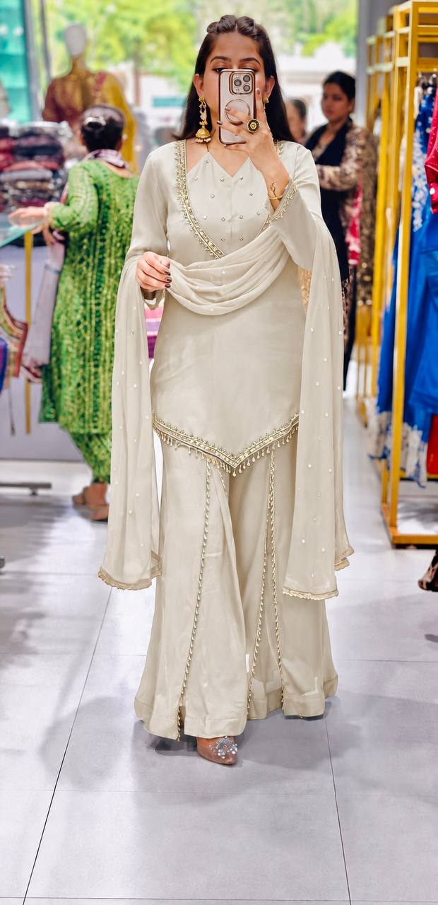 DESIGNER PASTEL GREY ROMAN GLASS SILK EMBROIDERED SHARARA SUIT SET