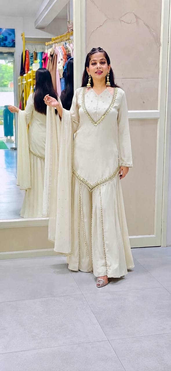 DESIGNER PASTEL GREY ROMAN GLASS SILK EMBROIDERED SHARARA SUIT SET