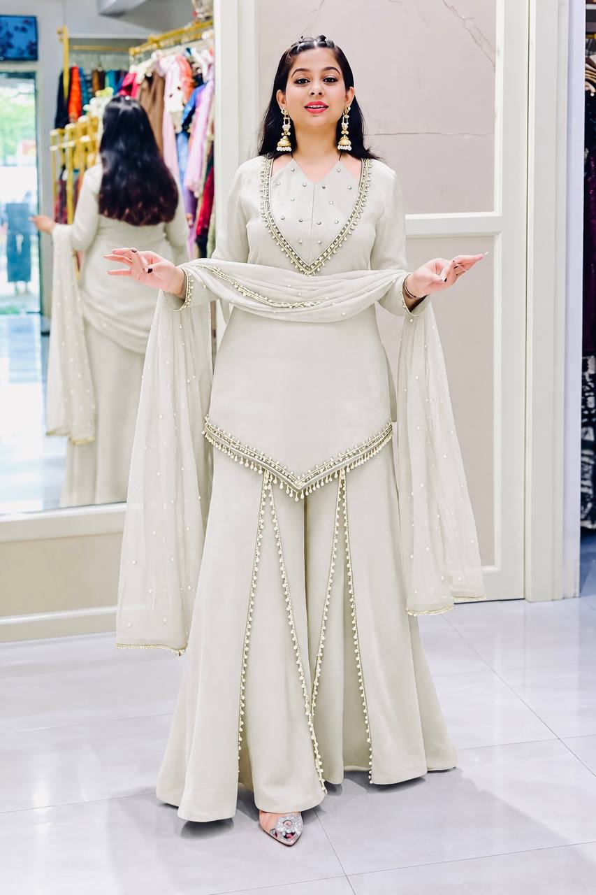 DESIGNER PASTEL GREY ROMAN GLASS SILK EMBROIDERED SHARARA SUIT SET