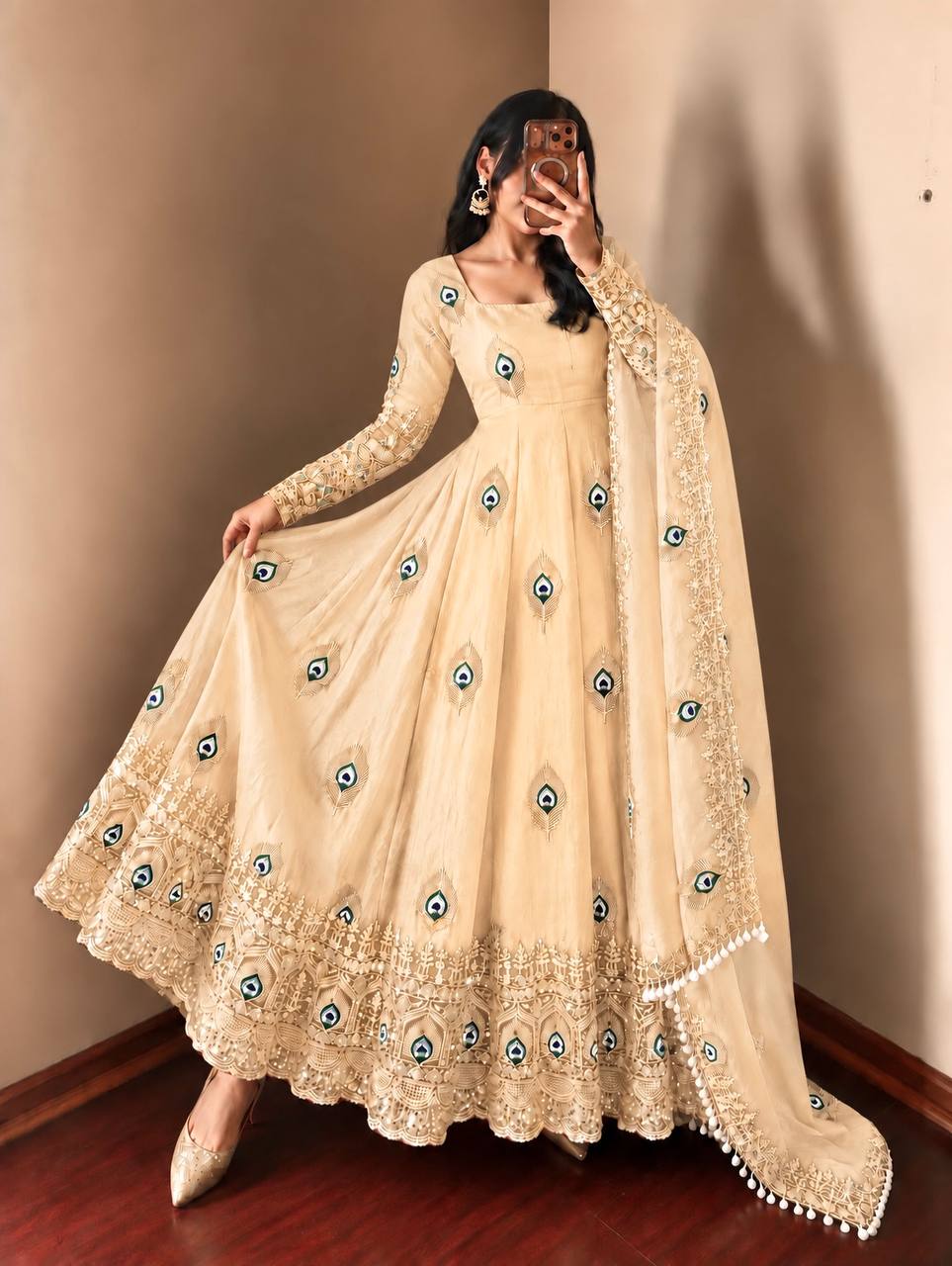 DESIGNER DEEP PEACH PEACOCK EMBROIDERED FLARED ANARKALI SUIT SET