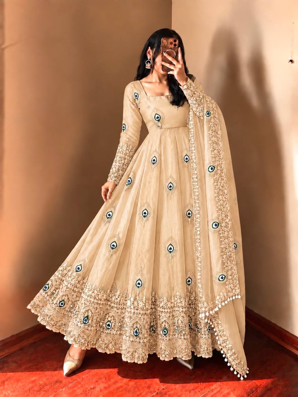 DESIGNER DEEP PEACH PEACOCK EMBROIDERED FLARED ANARKALI SUIT SET