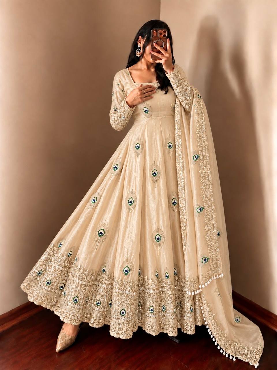 DESIGNER DEEP PEACH PEACOCK EMBROIDERED FLARED ANARKALI SUIT SET