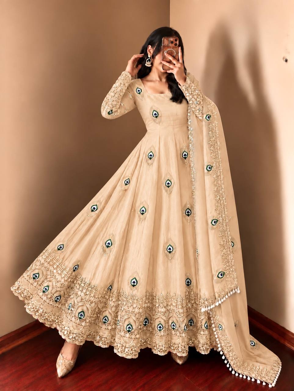 DESIGNER DEEP PEACH PEACOCK EMBROIDERED FLARED ANARKALI SUIT SET