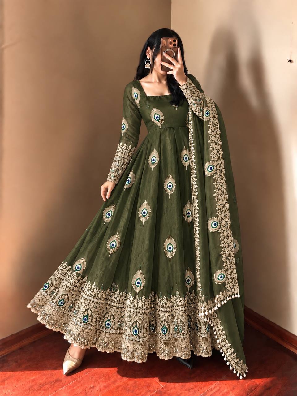 DESIGNER MEHENDI GREEN PEACOCK EMBROIDERED FLARED ANARKALI SUIT SET