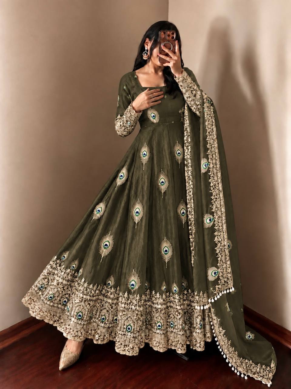 DESIGNER MEHENDI GREEN PEACOCK EMBROIDERED FLARED ANARKALI SUIT SET