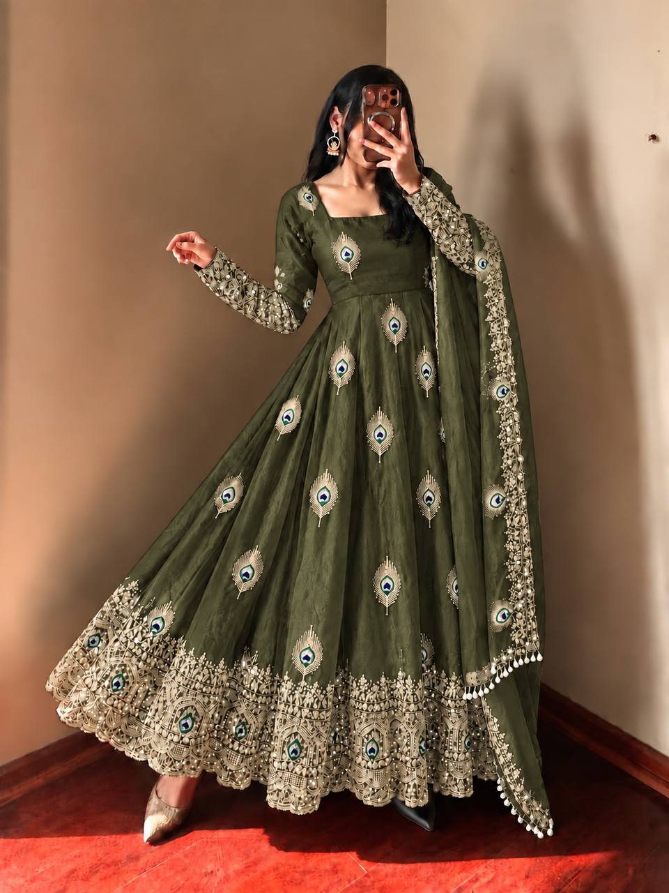 DESIGNER MEHENDI GREEN PEACOCK EMBROIDERED FLARED ANARKALI SUIT SET