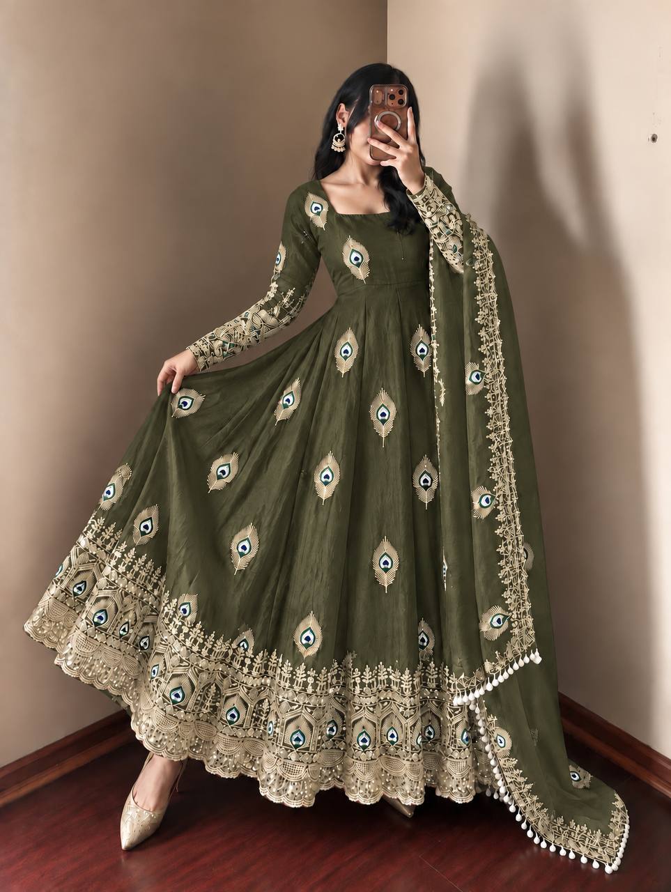 DESIGNER MEHENDI GREEN PEACOCK EMBROIDERED FLARED ANARKALI SUIT SET