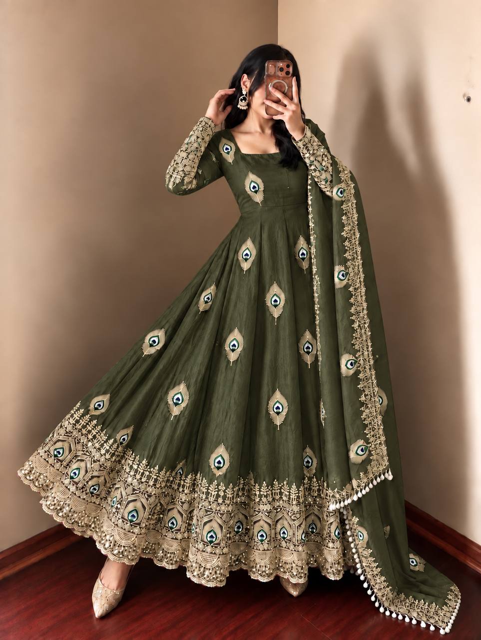 DESIGNER MEHENDI GREEN PEACOCK EMBROIDERED FLARED ANARKALI SUIT SET