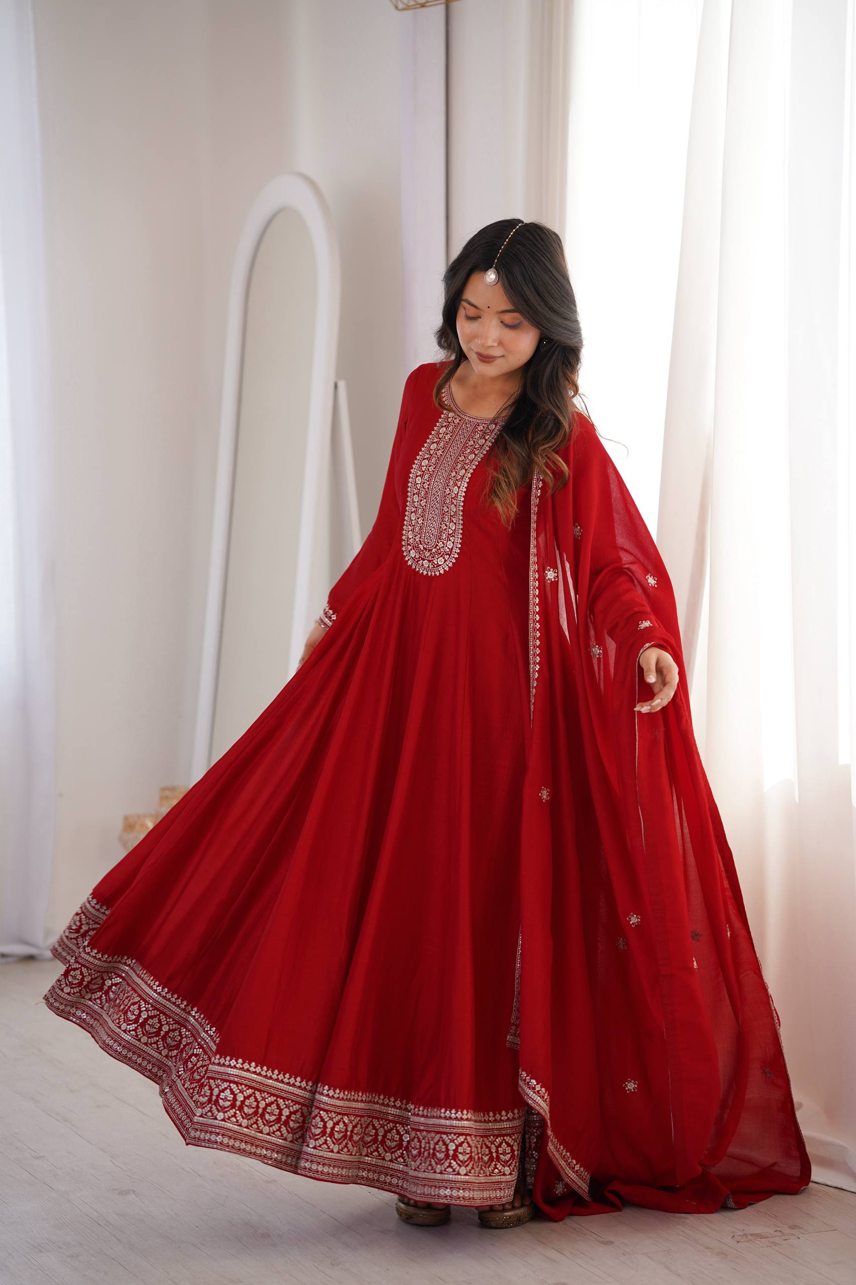 DARK RED COLOR VICHITRA SILK EMBROIDERED GOWN