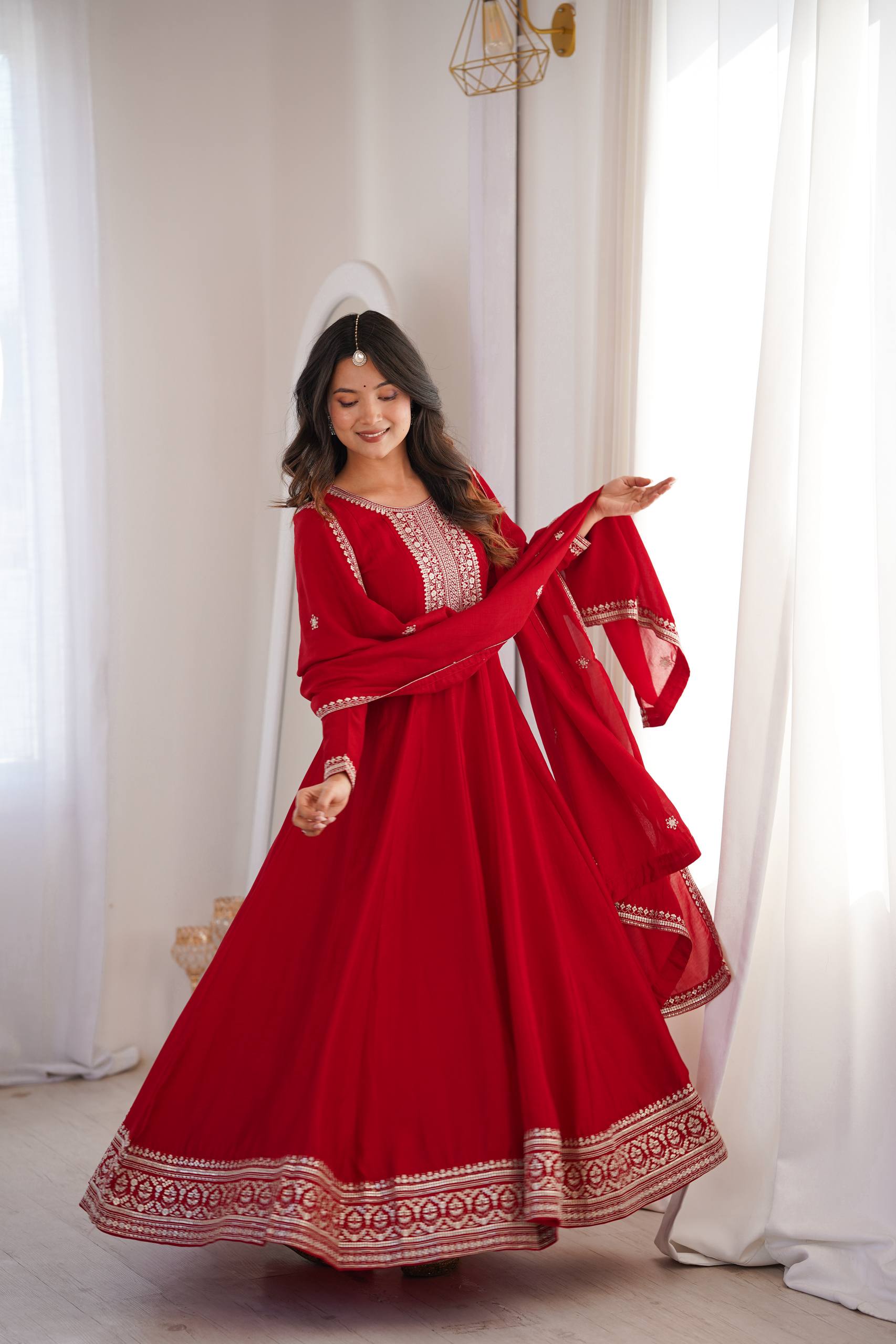 DARK RED COLOR VICHITRA SILK EMBROIDERED GOWN