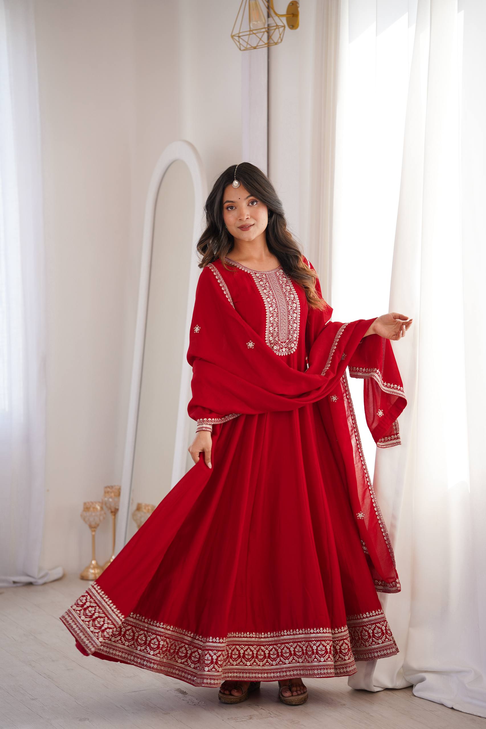 DARK RED COLOR VICHITRA SILK EMBROIDERED GOWN