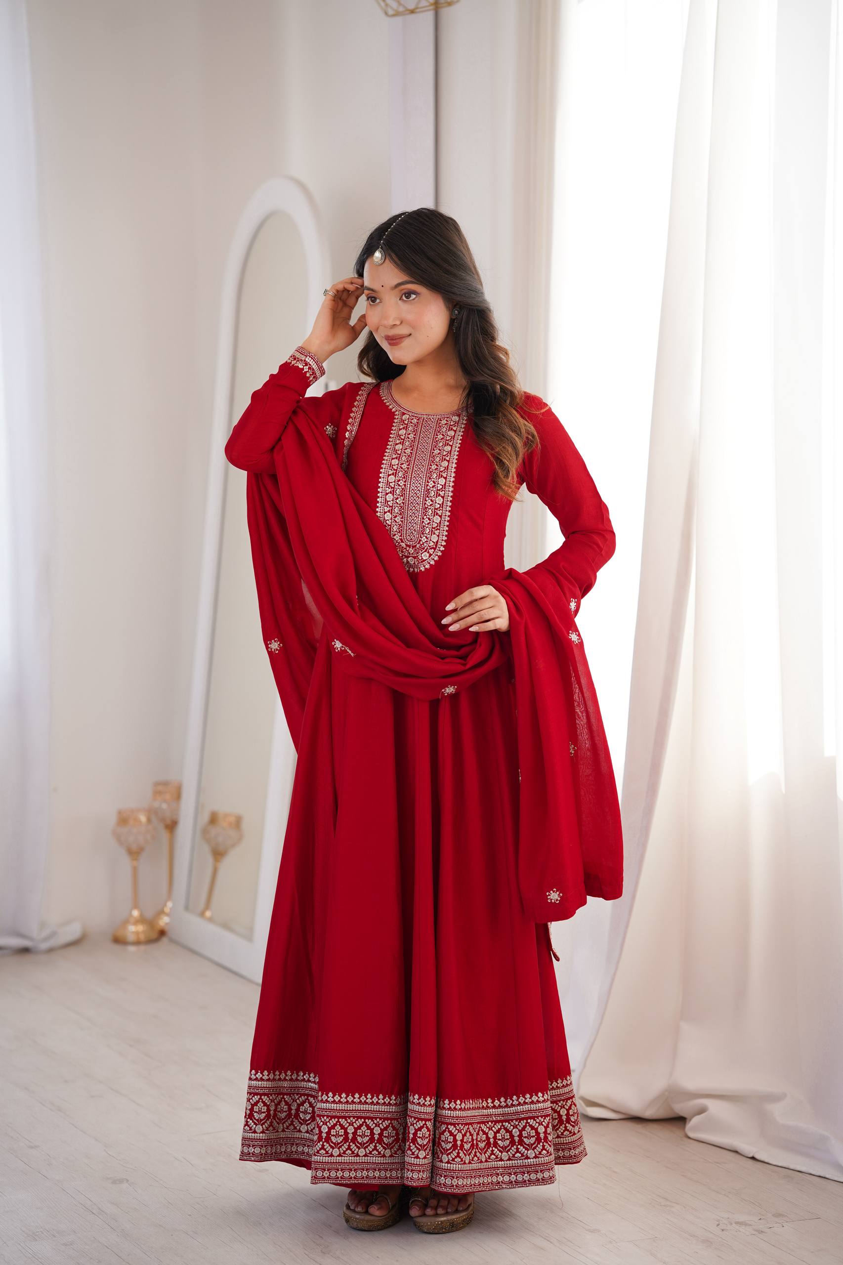 DARK RED COLOR VICHITRA SILK EMBROIDERED GOWN