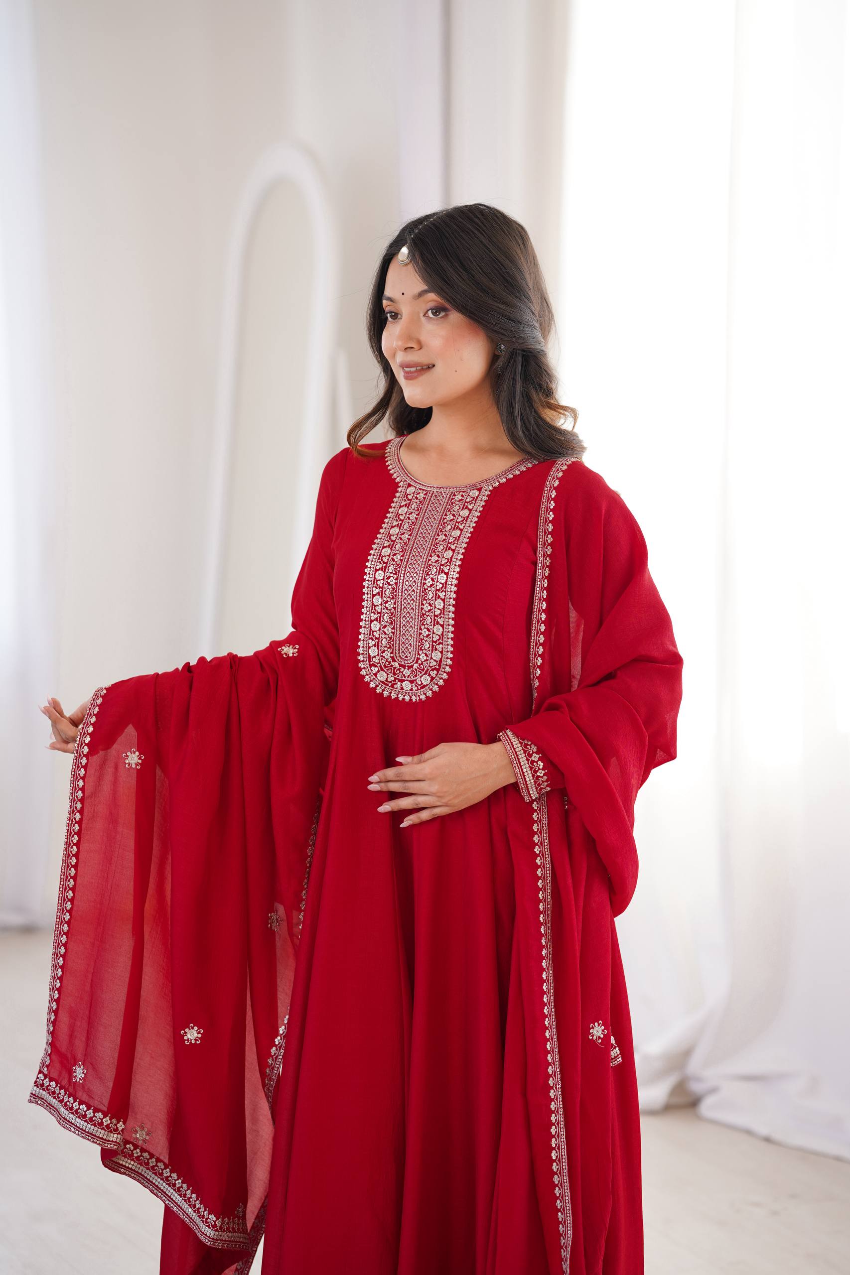 DARK RED COLOR VICHITRA SILK EMBROIDERED GOWN