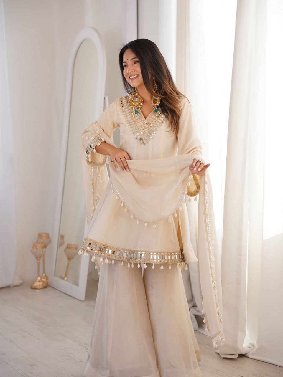 IVORY COLOR CHINON SILK BASE SHARARA SET OF 3
