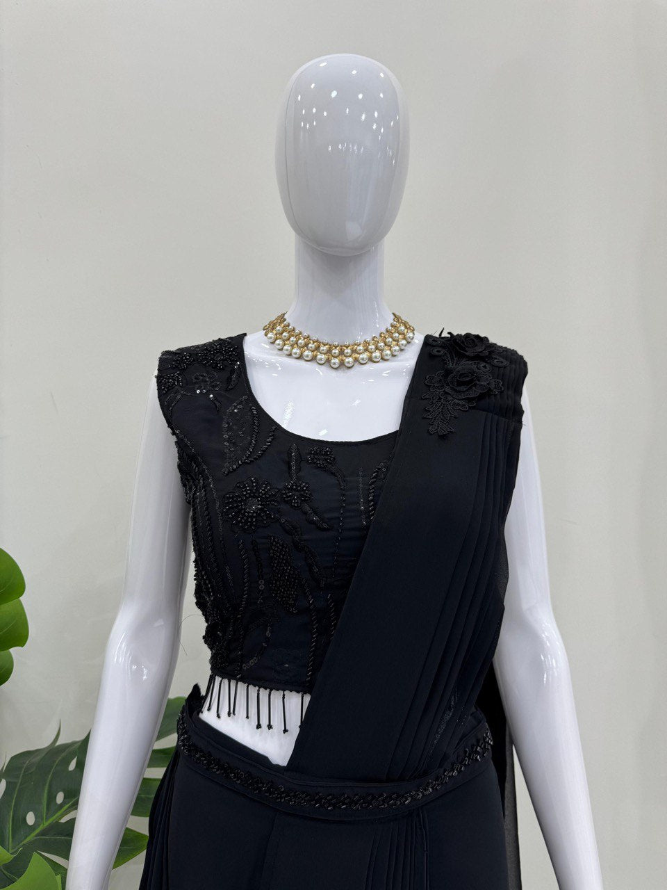 BLACK ELEGANT READY-TO-WEAR DHOTI STYLE ENSEMBLE WITH BLOUSE & WAIST BELT