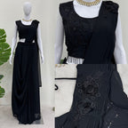 BLACK ELEGANT READY-TO-WEAR DHOTI STYLE ENSEMBLE WITH BLOUSE & WAIST BELT