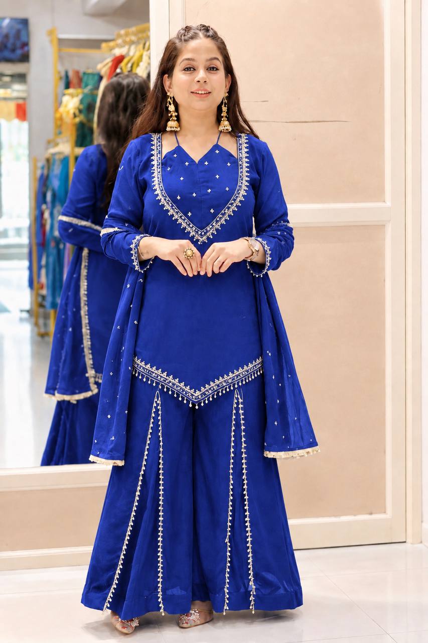 DESIGNER TEAL BLUE ROMAN GLASS SILK EMBROIDERED SHARARA SUIT SET