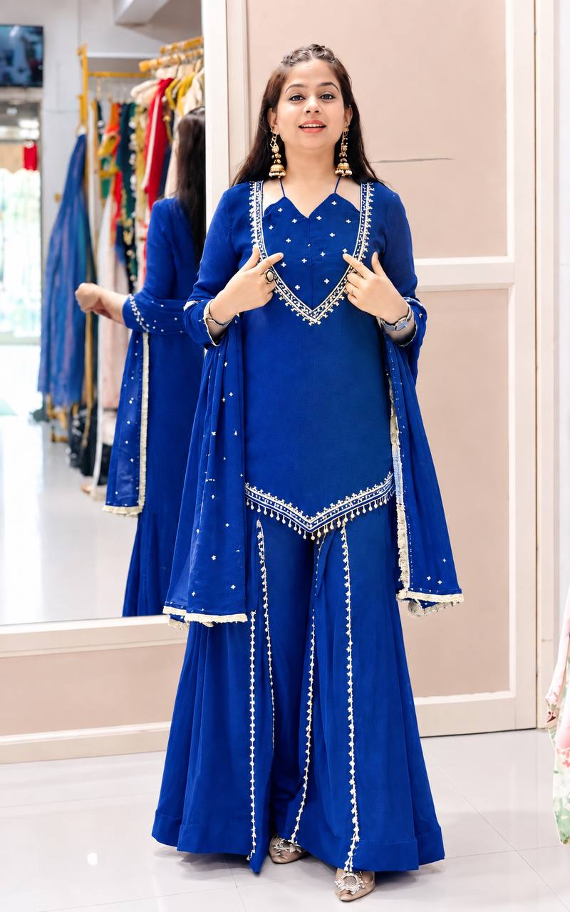 DESIGNER TEAL BLUE ROMAN GLASS SILK EMBROIDERED SHARARA SUIT SET