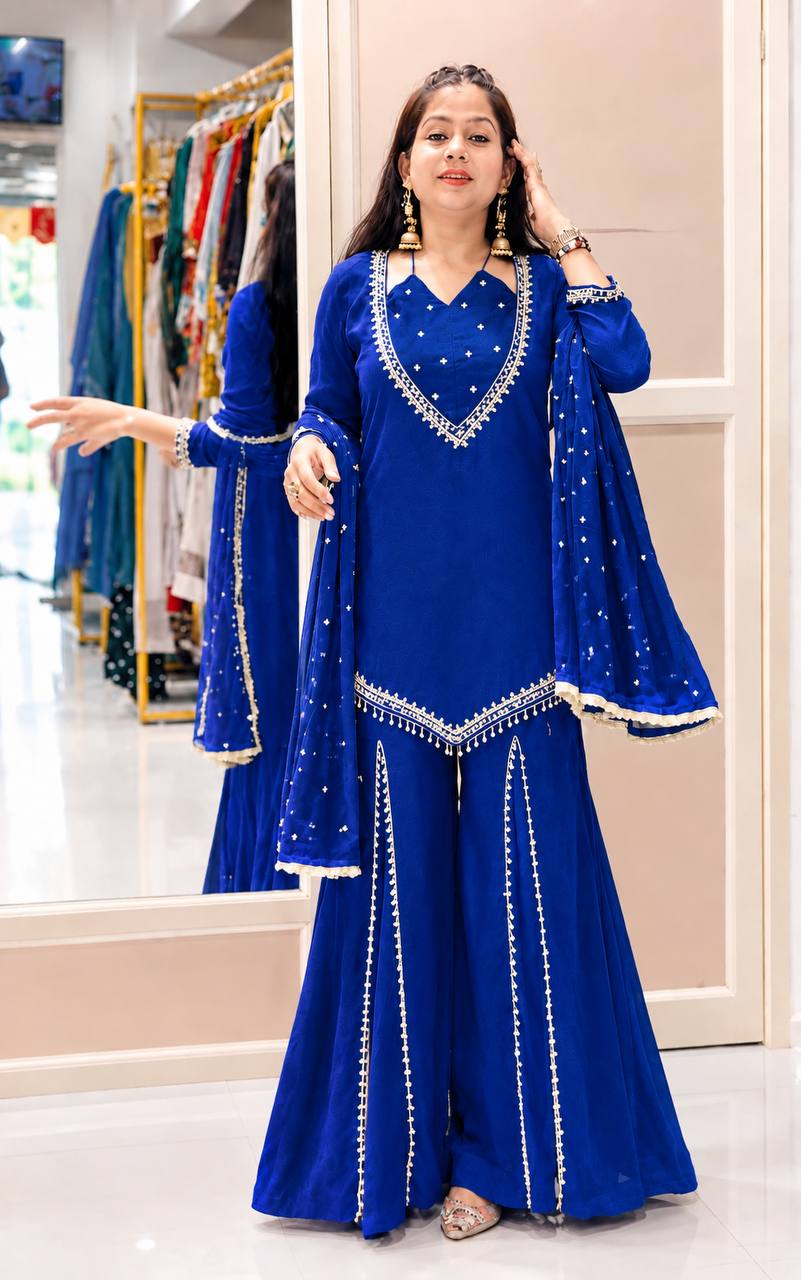 DESIGNER TEAL BLUE ROMAN GLASS SILK EMBROIDERED SHARARA SUIT SET