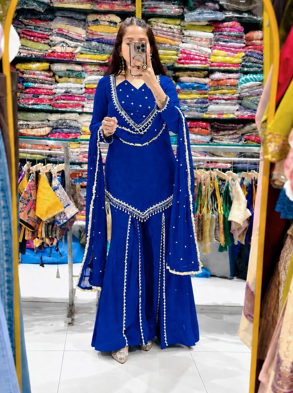 DESIGNER TEAL BLUE ROMAN GLASS SILK EMBROIDERED SHARARA SUIT SET