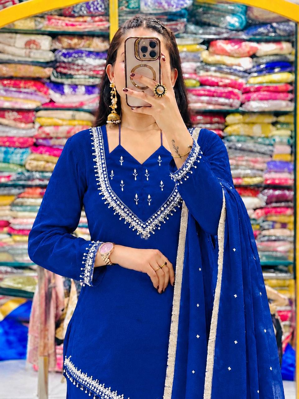 DESIGNER TEAL BLUE ROMAN GLASS SILK EMBROIDERED SHARARA SUIT SET