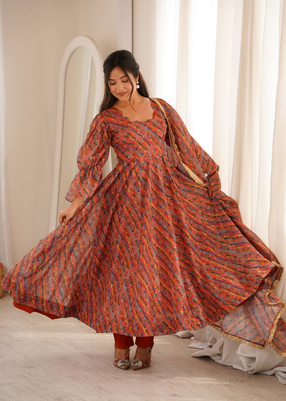 RUST ORANGE PRINTED TEBI ORGANZA ANARKALI GOWN