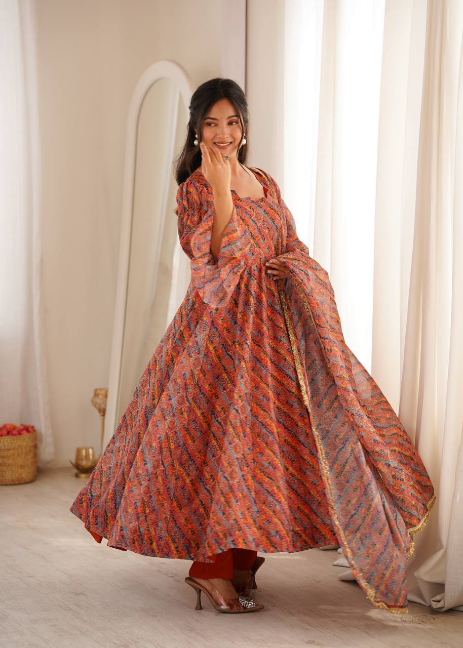 RUST ORANGE PRINTED TEBI ORGANZA ANARKALI GOWN