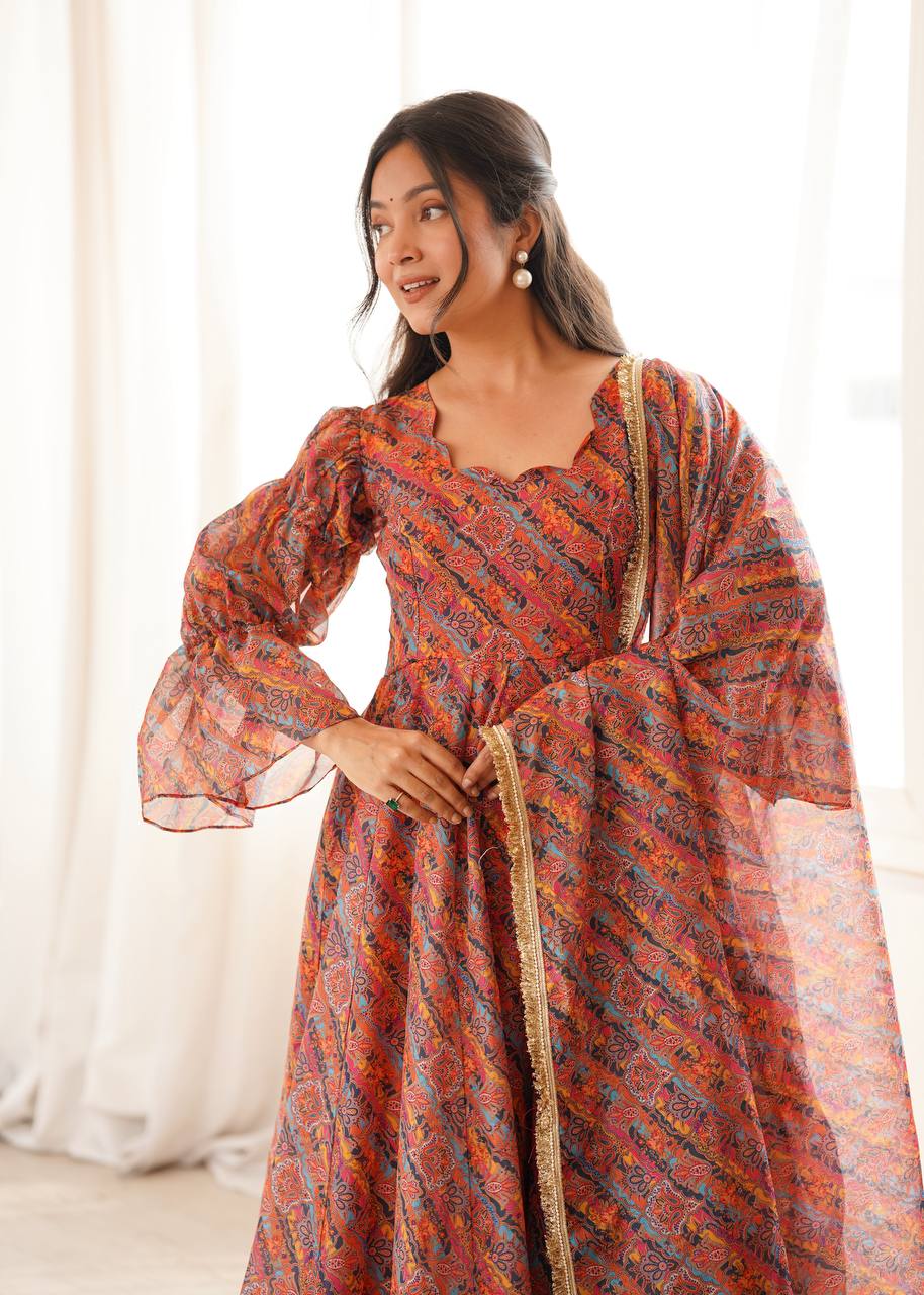 RUST ORANGE PRINTED TEBI ORGANZA ANARKALI GOWN
