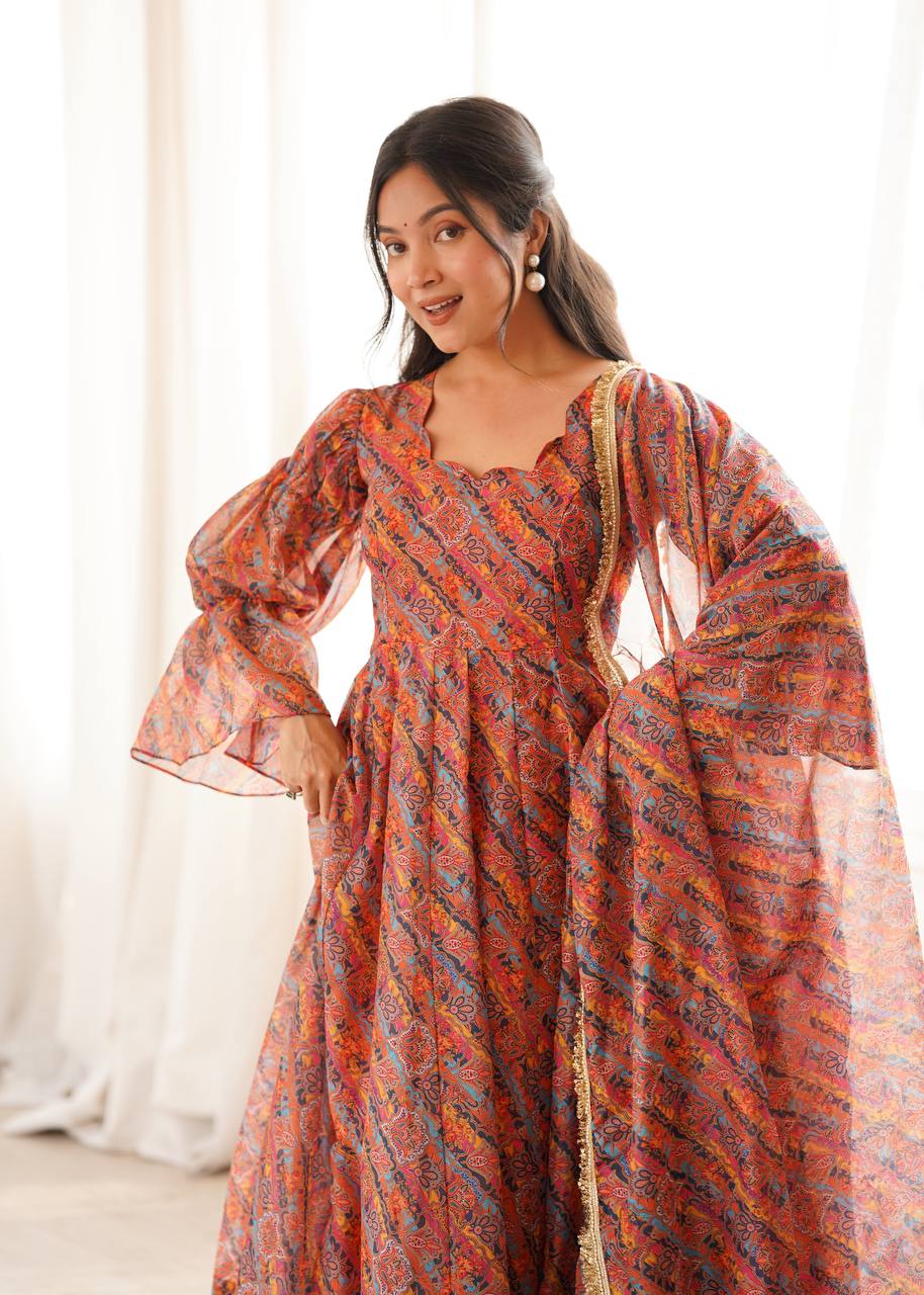 RUST ORANGE PRINTED TEBI ORGANZA ANARKALI GOWN