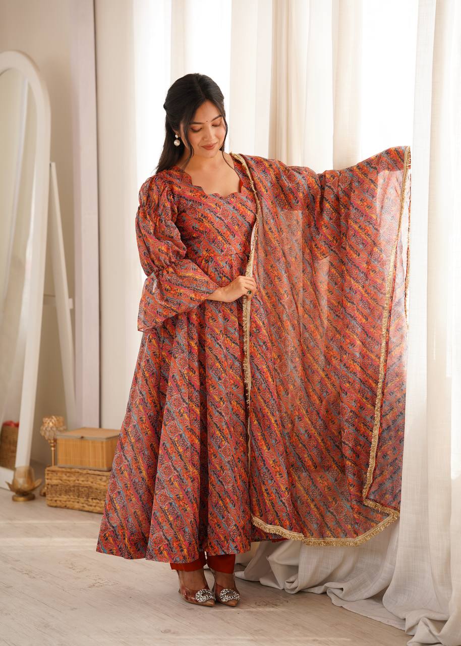 RUST ORANGE PRINTED TEBI ORGANZA ANARKALI GOWN